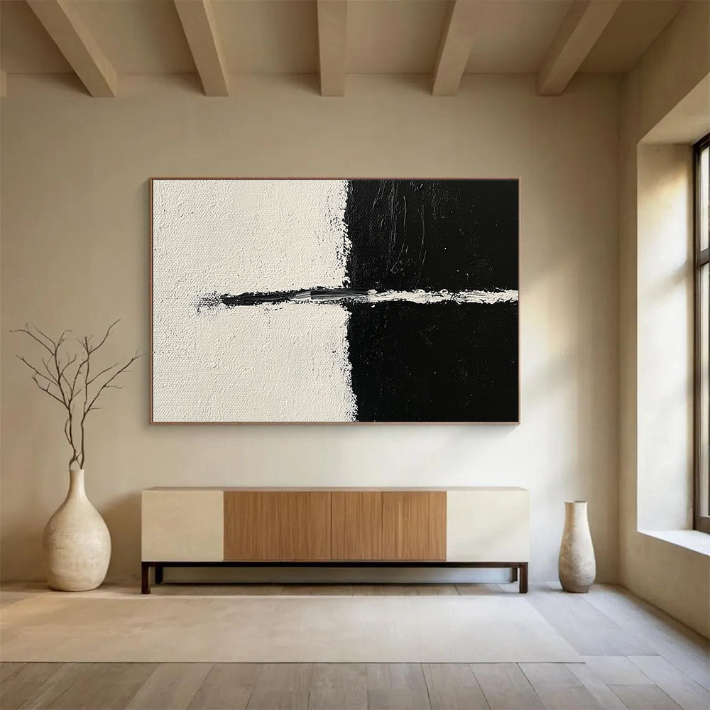Large abstract painting in black and white featuring simple lines with an arc and bold brush strokes in the upper left corner.SC141