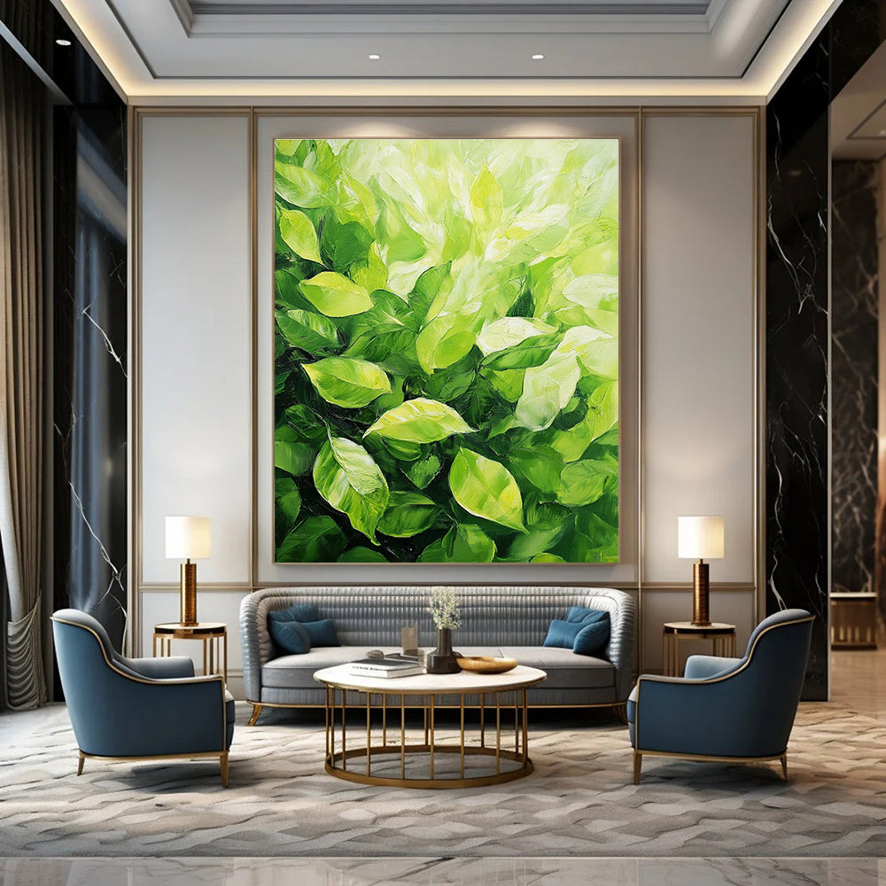 Large abstract painting featuring lush green leaves with vibrant colors and expressive brushstrokes capturing the tranquility of nature.STSC1032