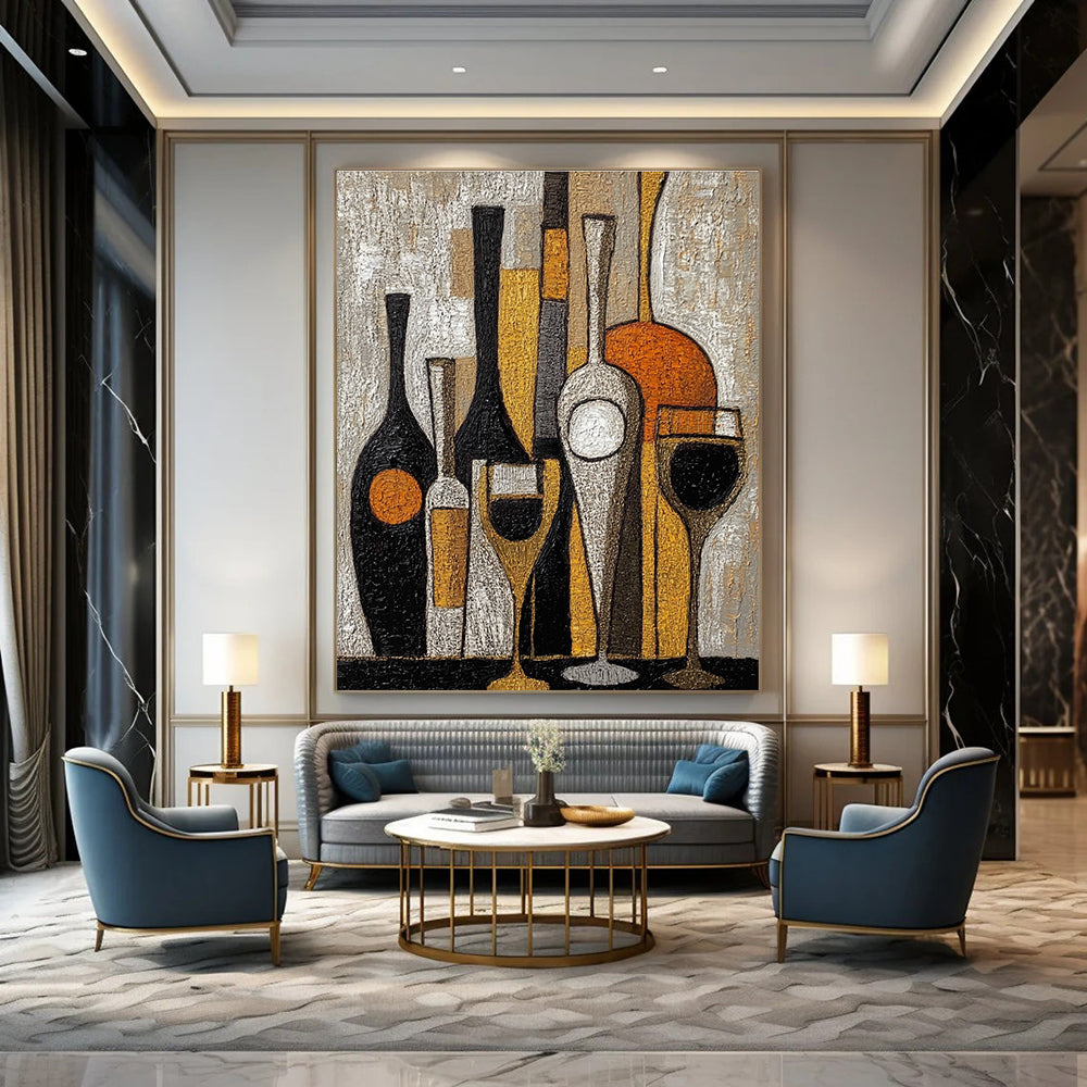 Large abstract painting featuring wine bottles and glasses with textured black white orange and gold embroidery.STSC369