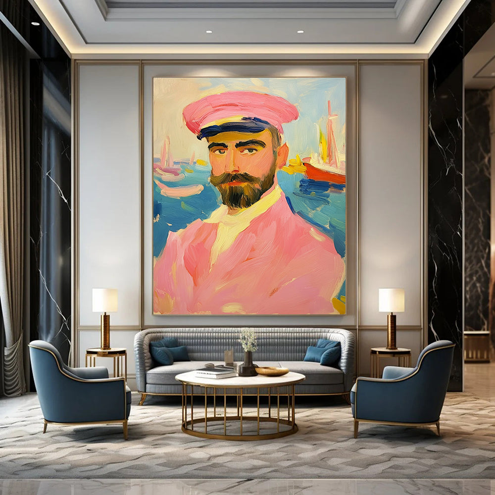 Abstract painting of an artistic man in a pink sailor suit with a mustache and beard against a vibrant sea backdrop featuring boats.STSC1161
