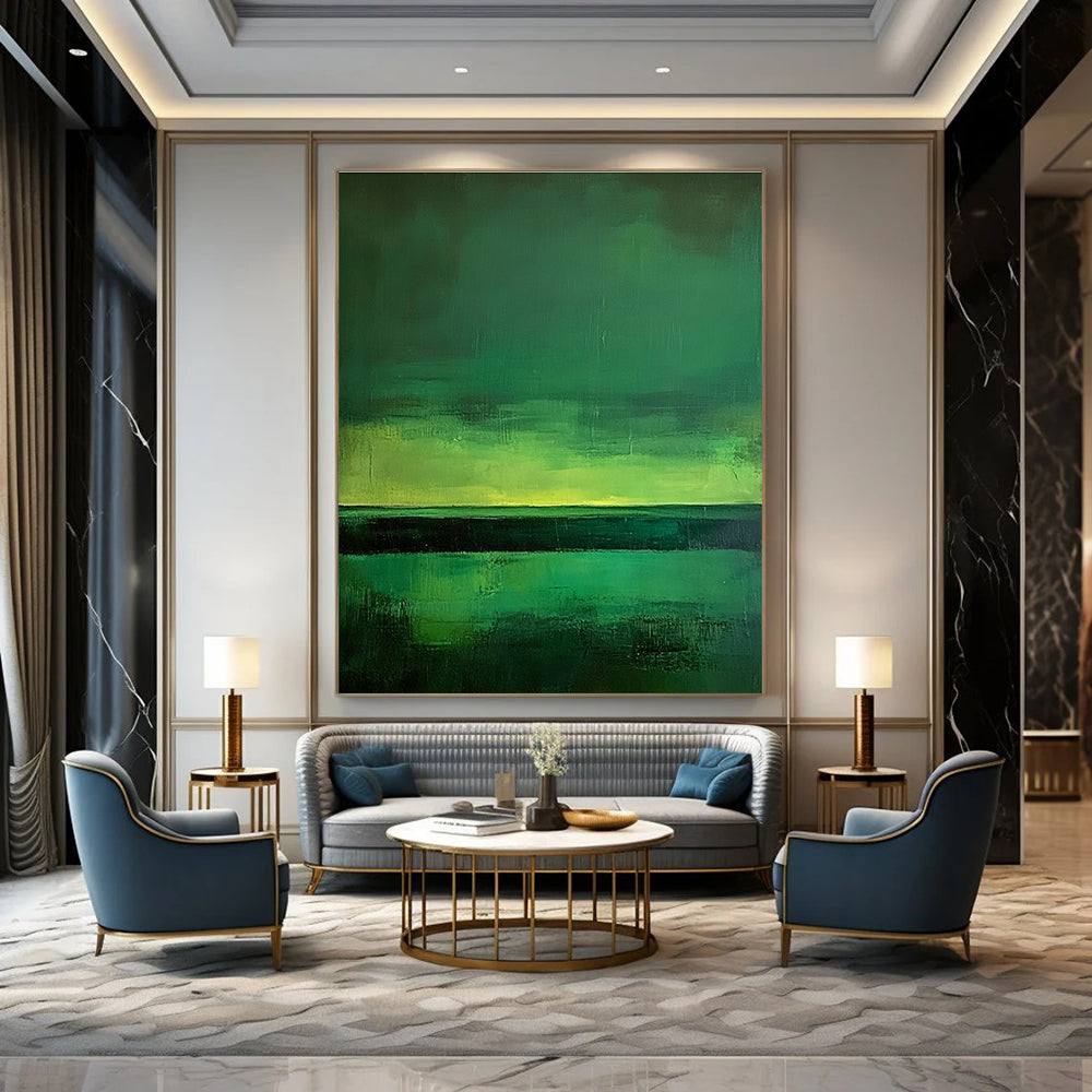 Large abstract painting of green fields under a dark sky illuminated by northern lights featuring minimalism and expressive brush strokes inspired by Mark Rothko.STSC308