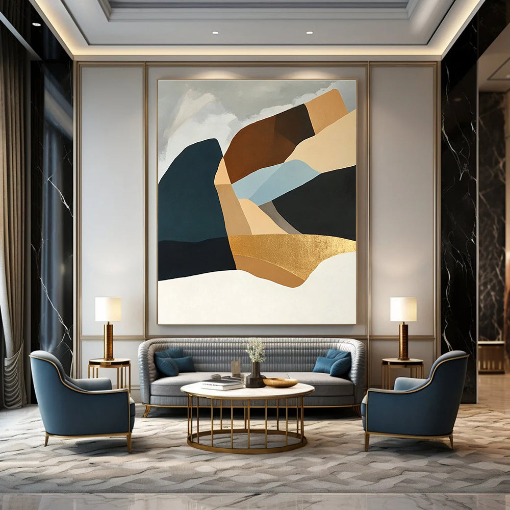 Large abstract painting showcasing Art Deco shapes in light blue and gold on a white background featuring elegant curves and balanced elegance in composition.STSC697