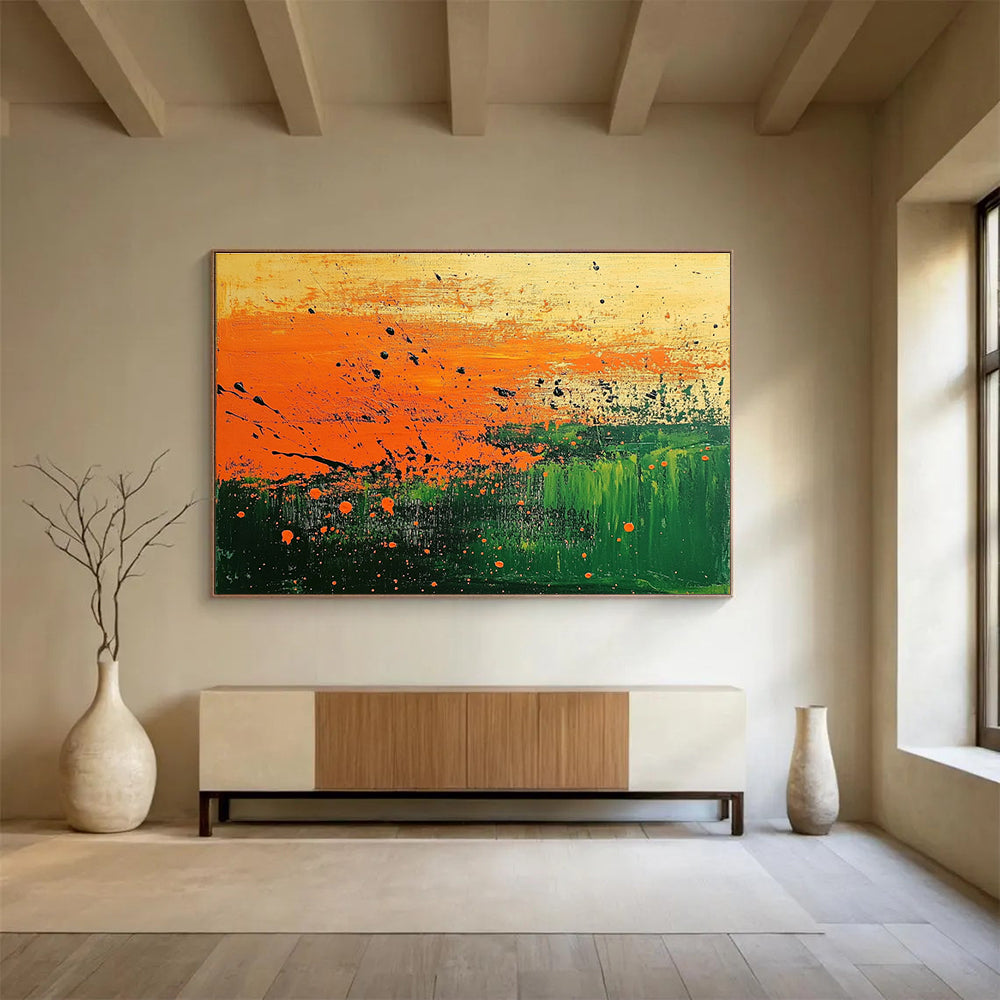 Orange and Green Splatter Abstract Painting with Dynamic Textures DYP250