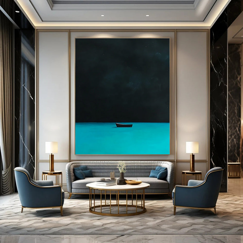 A large abstract painting depicting a distant boat on turquoise waters under a night sky inspired by David Hockney's style.STSC1198