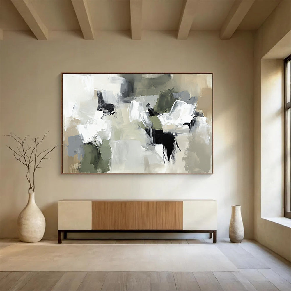 Large abstract painting in neutral tones featuring thick brush strokes and chaotic composition with beige gray and soft edges.SC245