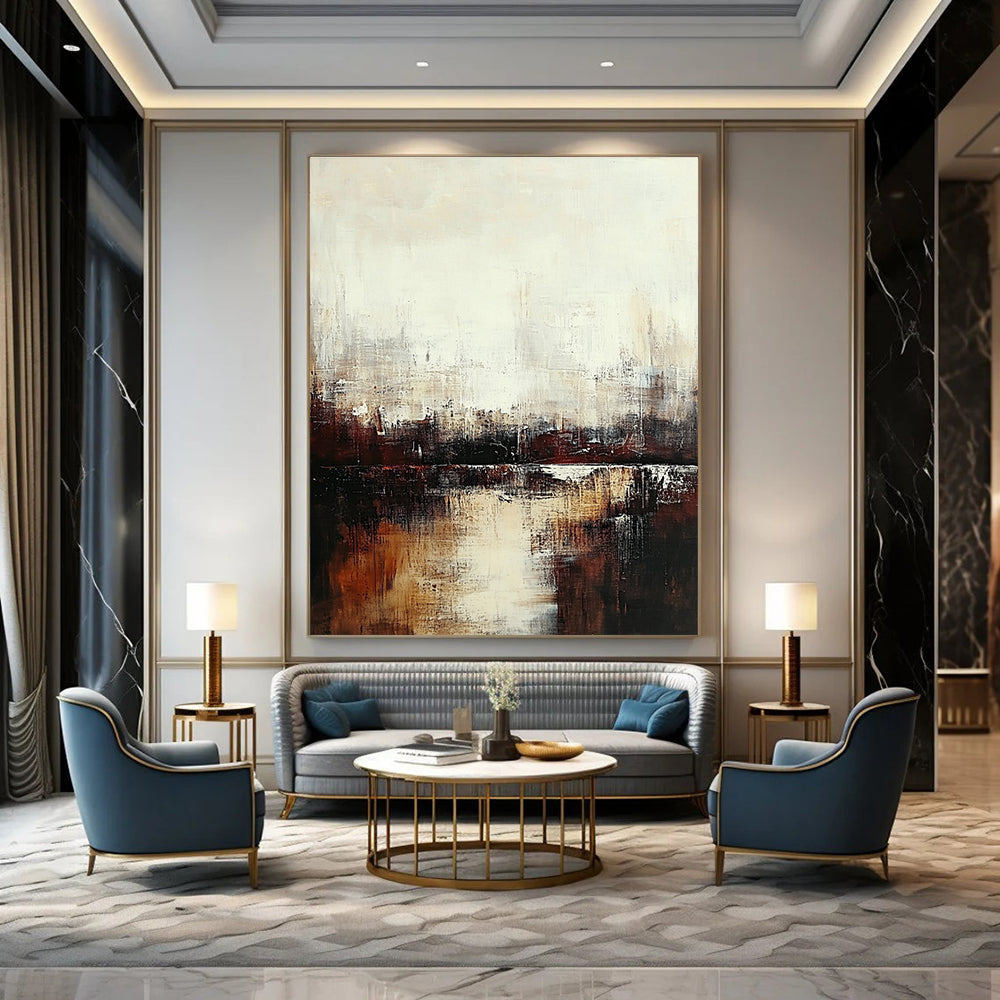 Large abstract painting featuring a serene cityscape in muted tones of white and brown evoking tranquility and introspection through soft brushstrokes.STSC724