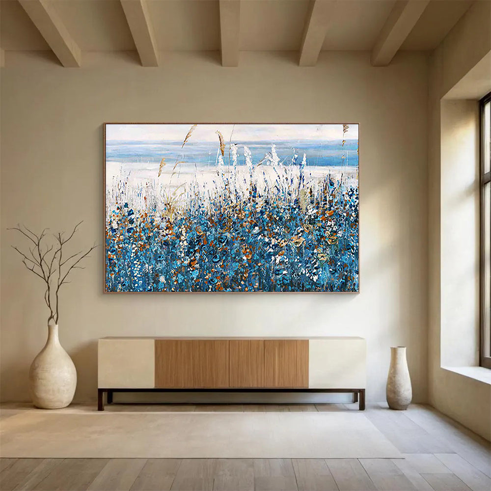 Seaside Wildflower Abstract Painting with Blue, White, and Orange Hues THY203