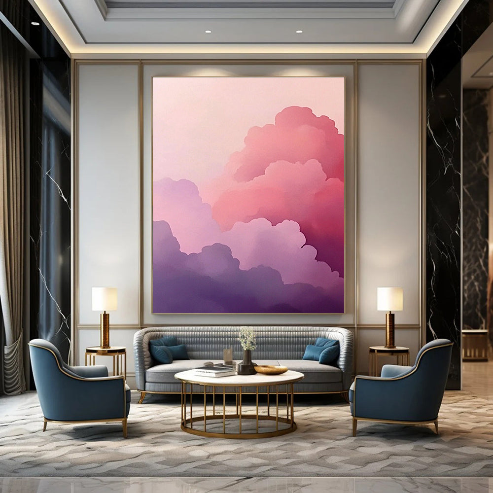 A large abstract painting featuring pink clouds in a minimalist style with soft purple and gray hues creating a dreamy atmosphere.STSC1160