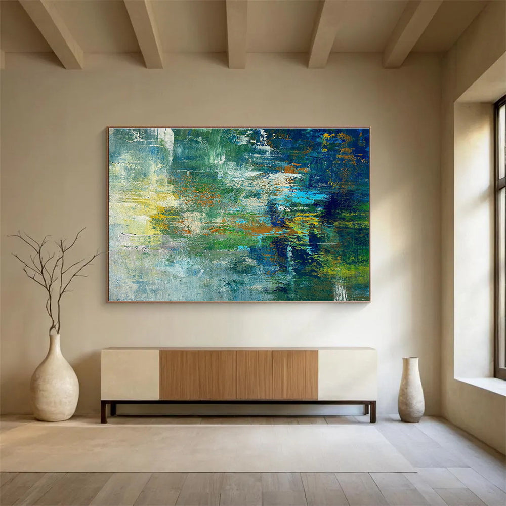 Green Blue Abstract Painting with Forest Stream Motifs THY353