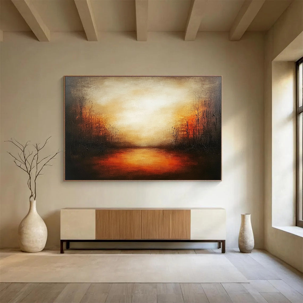 Abstract landscape painting featuring warm oranges and reds with soft brush strokes, textured canvas, and a serene evening atmosphere.SC086