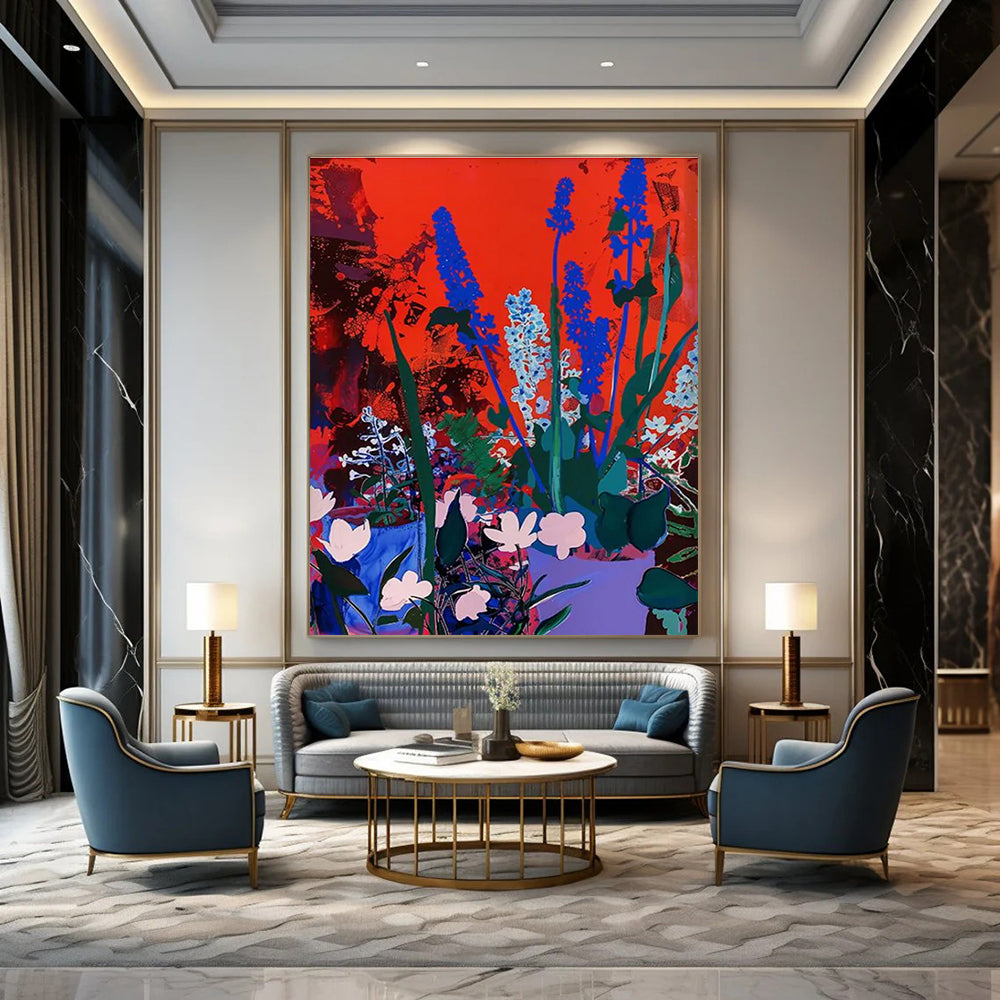 Blue Flowers on Red Background Abstract Painting ADGE100