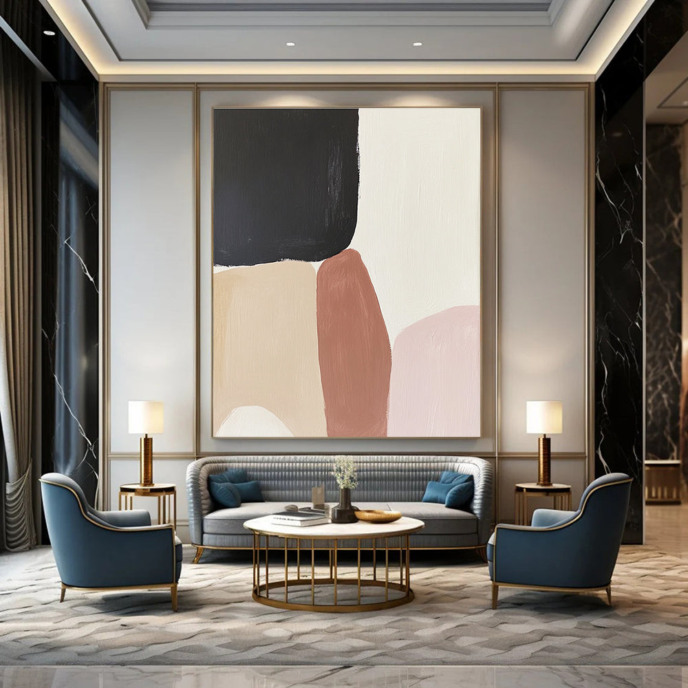 Large abstract painting inspired by Rothko featuring cream beige pink and black hues with earthy tones and organic shapes.STSC480