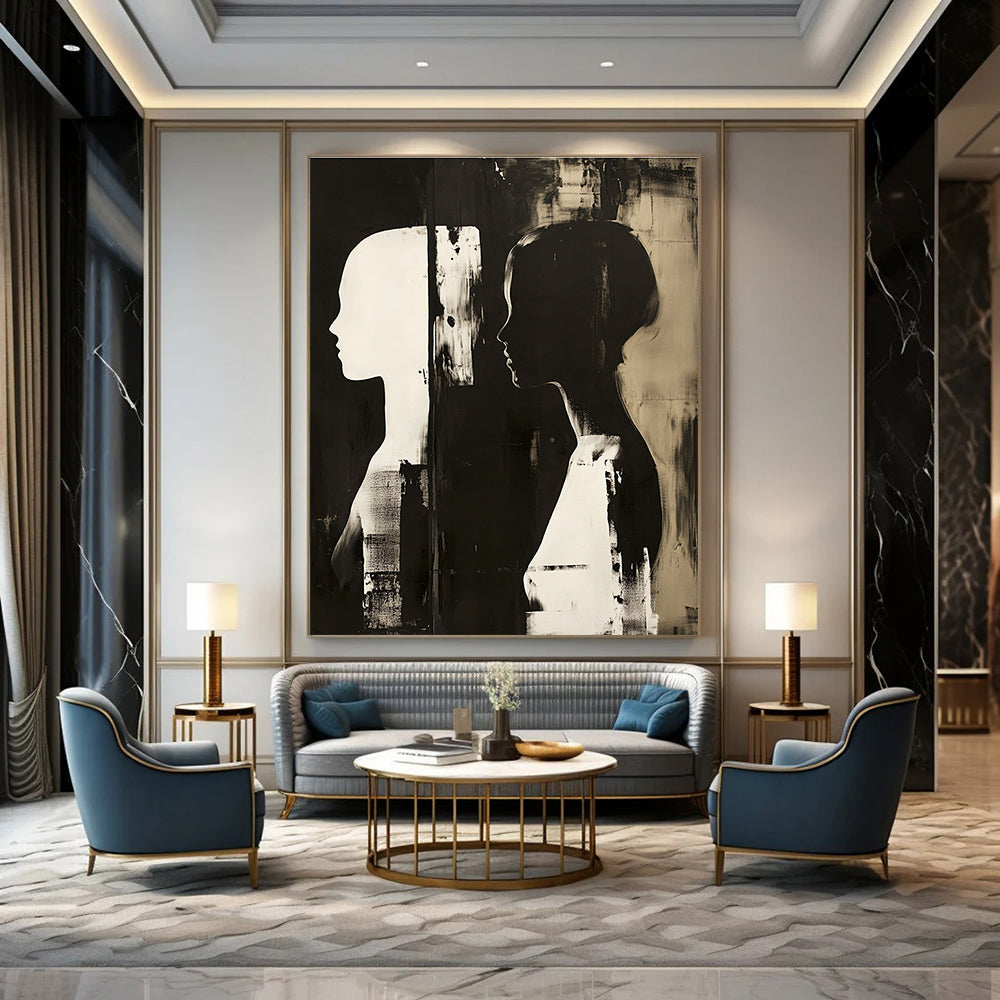 Large abstract painting featuring two profile figures in contrasting tones against a dark monochrome background.STSC1448