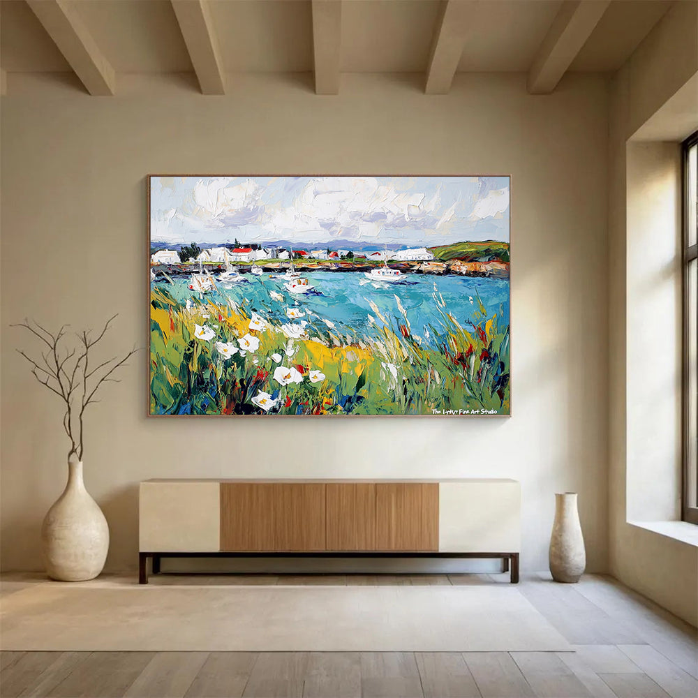 A large abstract painting of Reykjavik's harbor featuring vibrant boats and blooming wildflowers against a lively sky, showcasing nature's harmony with human creation.SC527