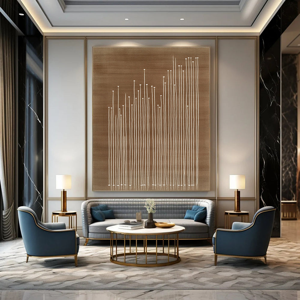 An abstract artwork featuring a brown carpet with white lines embroidered texture and simple line work in the style of Tathagata Design Studio.STSC929