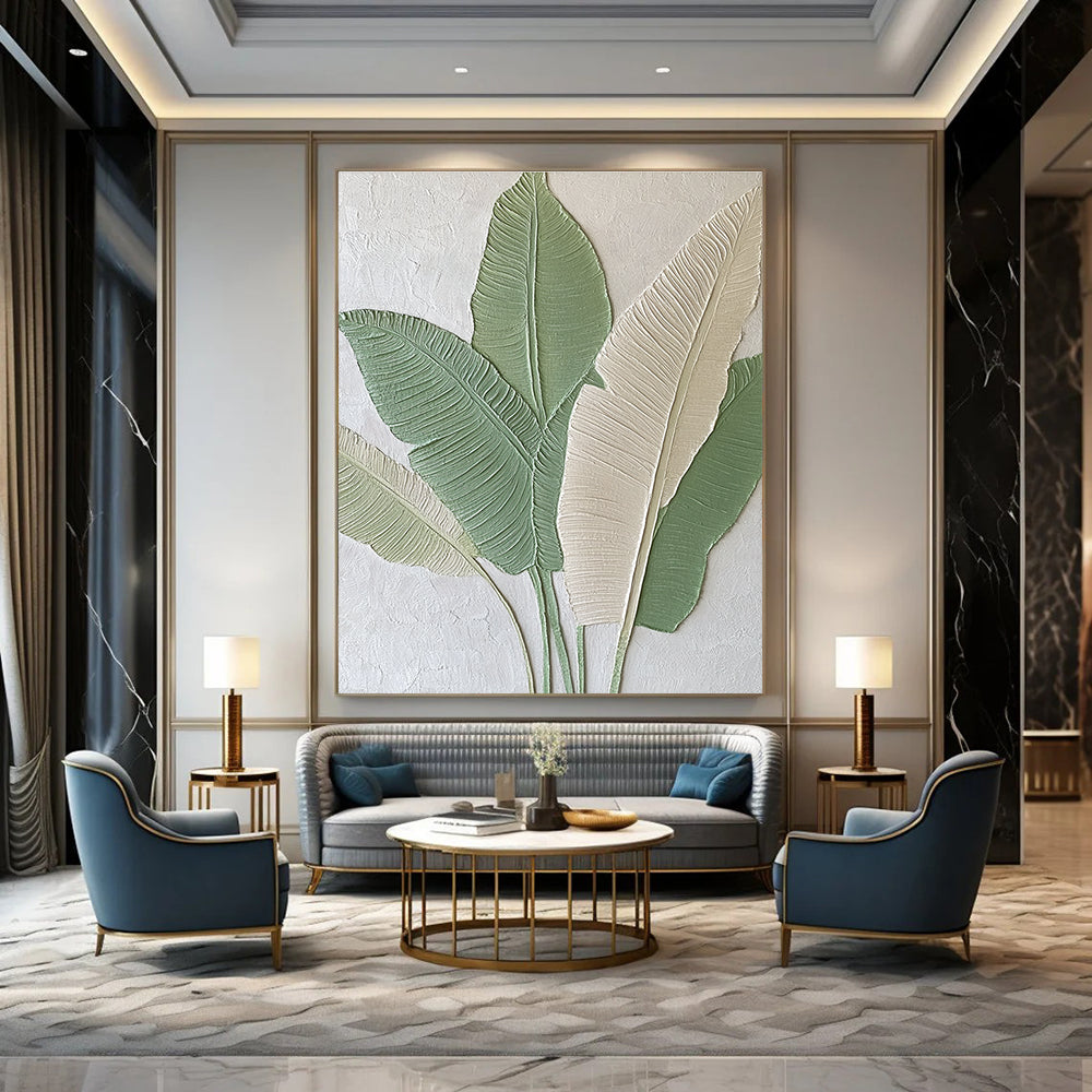 Large Abstract Painting Featuring Embossed Banana Leaves in Light Green and Beige Tones Ideal for Modern Home Decor.STSC001