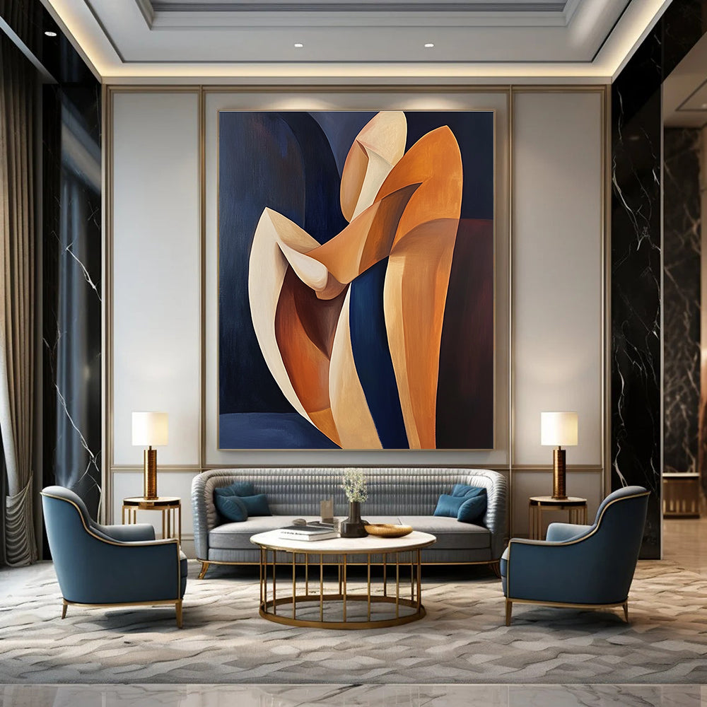 Abstract oil painting in Picasso style featuring orange and navy blue colors with a figure resting on wooden shapes and minimalist lines.STSC1372