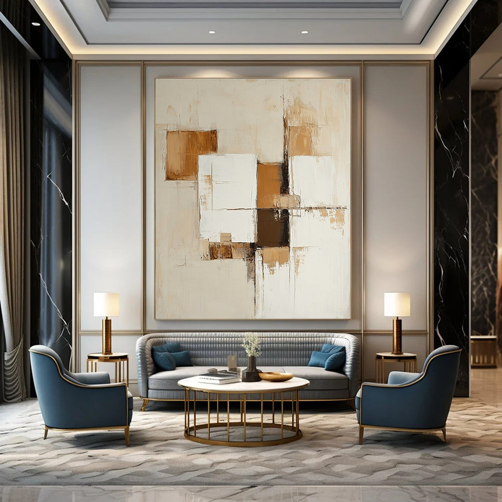 Large abstract painting featuring beige and white squares with brown accents for a modern artistic touch.STSC763