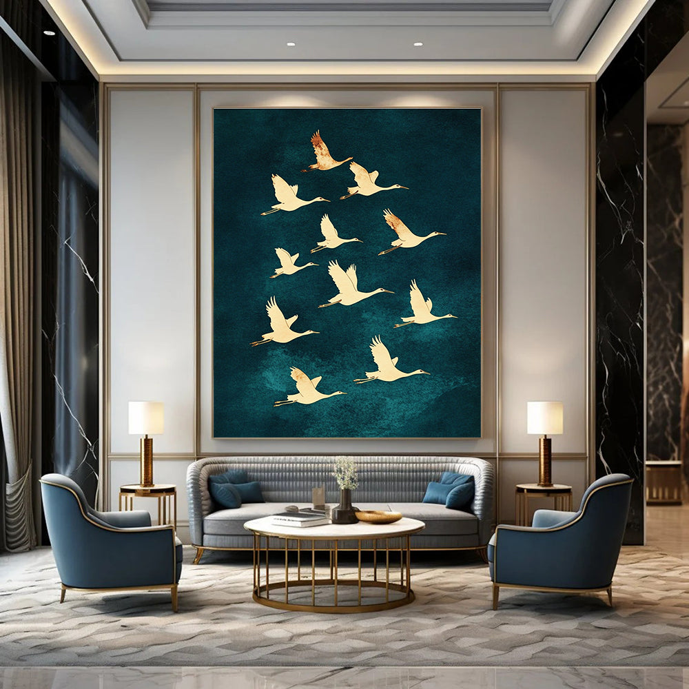 A large abstract painting of ten white cranes in graceful S-shaped flight against a dark blue watercolor background showcasing elegance and beauty.STSC1304
