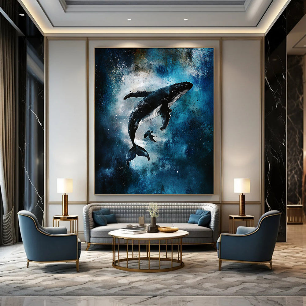 Abstract art featuring humpback whales, swirling vortices, glowing stars, and misty underwater scenes in a dark blue and white color palette.STSC1466