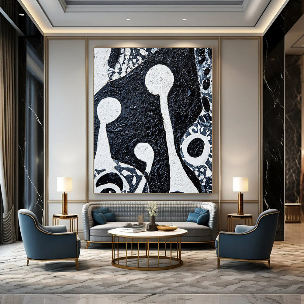 Large abstract painting featuring bold black and white patterns with tribal art elements and two figures holding musical instruments on textured canvas.STSC937