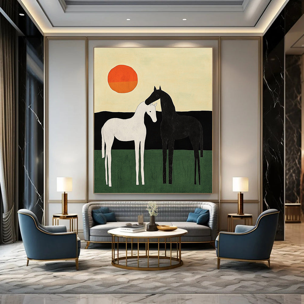 An abstract painting featuring two minimalist horses in black and white against a green field and colorful sky with an orange sun.STSC1329