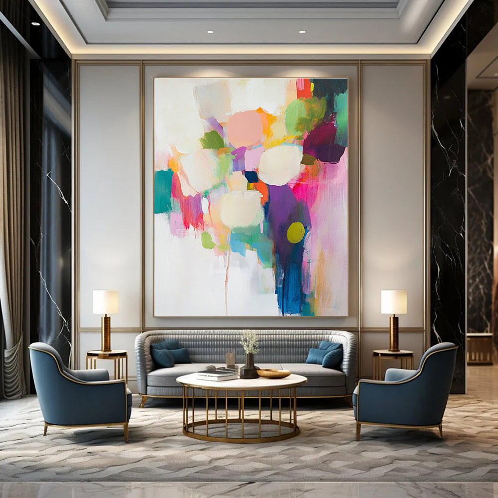 Large abstract painting featuring vibrant brush strokes on a white background with soft colors and dynamic composition in light pink turquoise blue and lime green.STSC761
