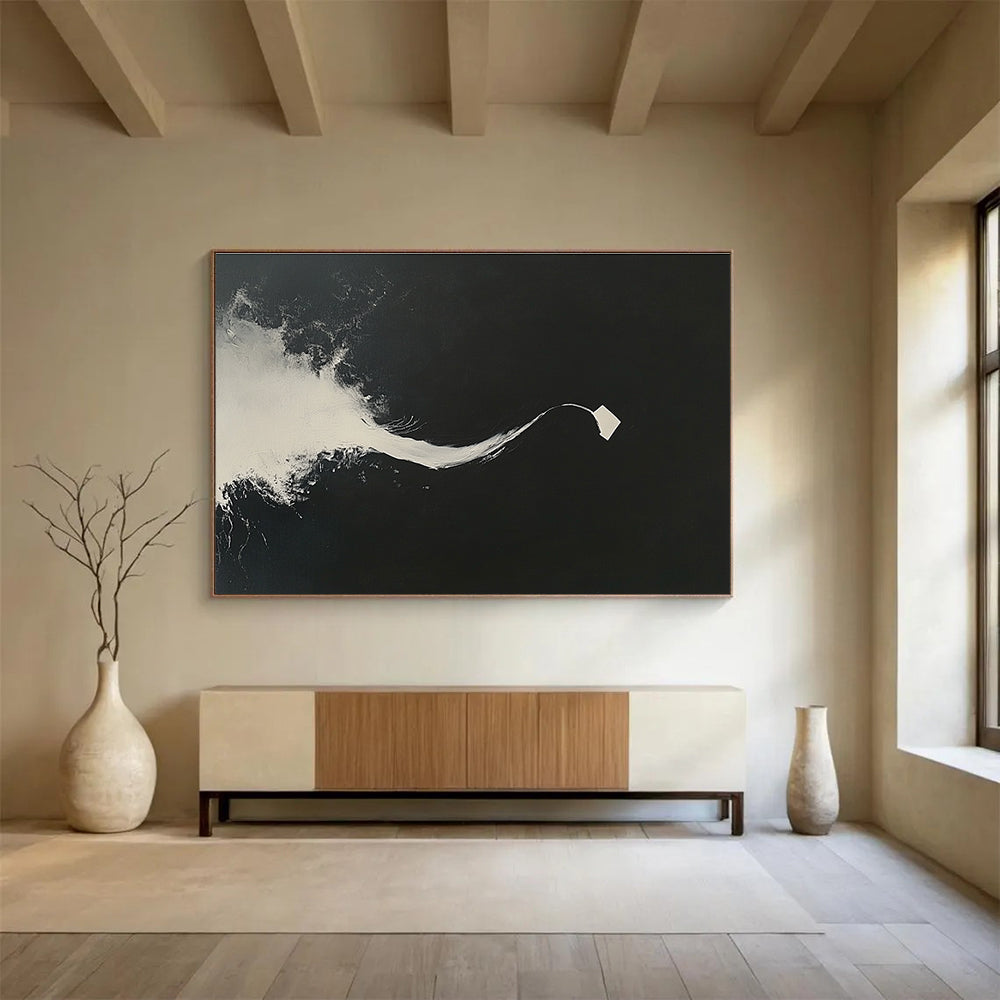 Large abstract painting features white brush strokes on a black background highlighting a curved line and a single floating paper piece.SC096