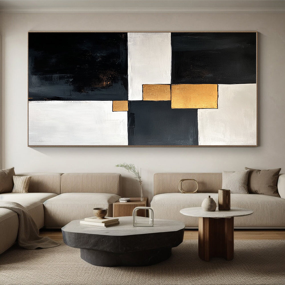 Black White and Gold Abstract Painting with Geometric Gold Accents GER667