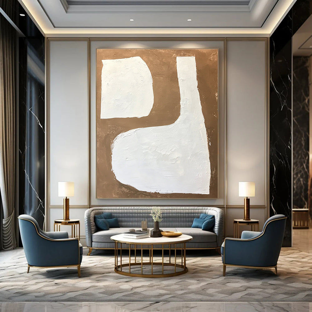 Large abstract painting featuring white shapes on a brown background with textured brushstrokes in a minimalistic style.STSC1484