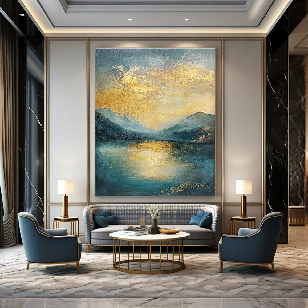 Abstract landscape oil painting featuring gold and teal hues with textured clouds sea and mountains in muted colors.STSC081