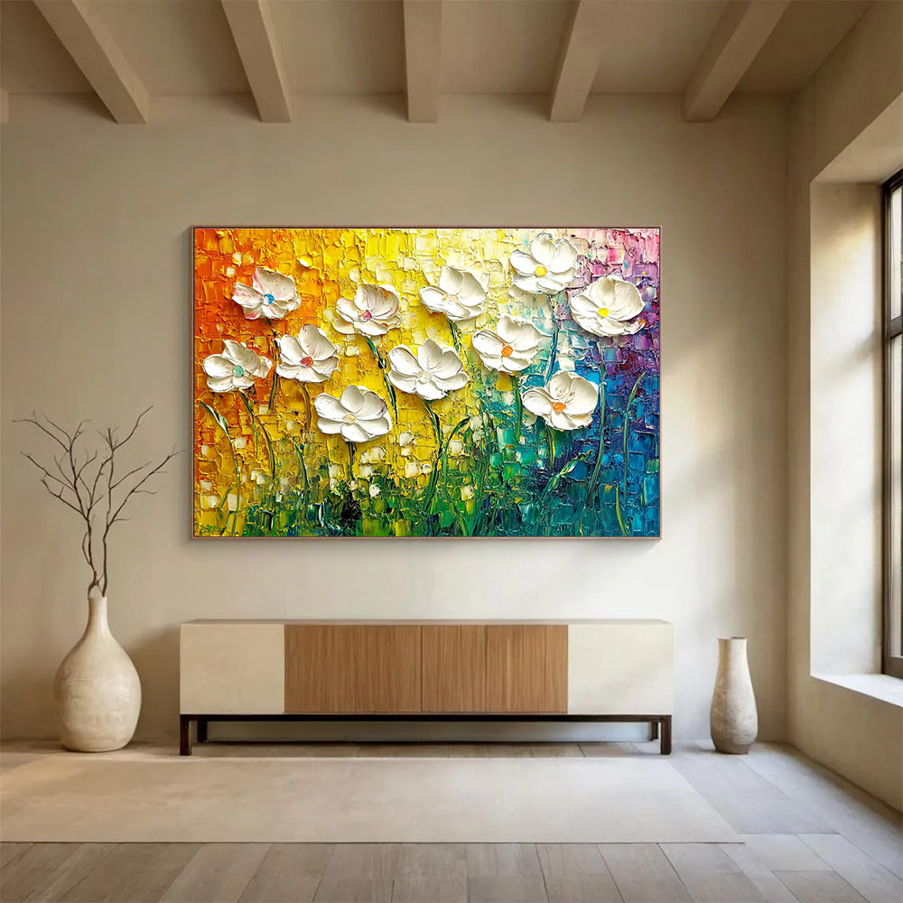 Textured White Flowers Abstract Painting with Colorful Background DYP430