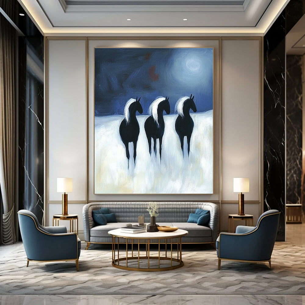 Abstract painting featuring three black horses with white manes running under moonlight on a white background in a flat two-dimensional style.STSC1443