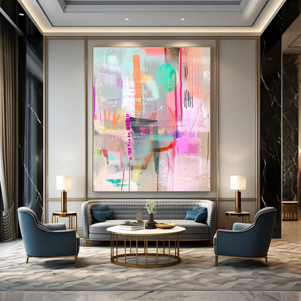 A large abstract painting with pastel colors and textures creating depth and motion featuring soft edges and whimsical patterns in pink green blue and brown.STSC1022