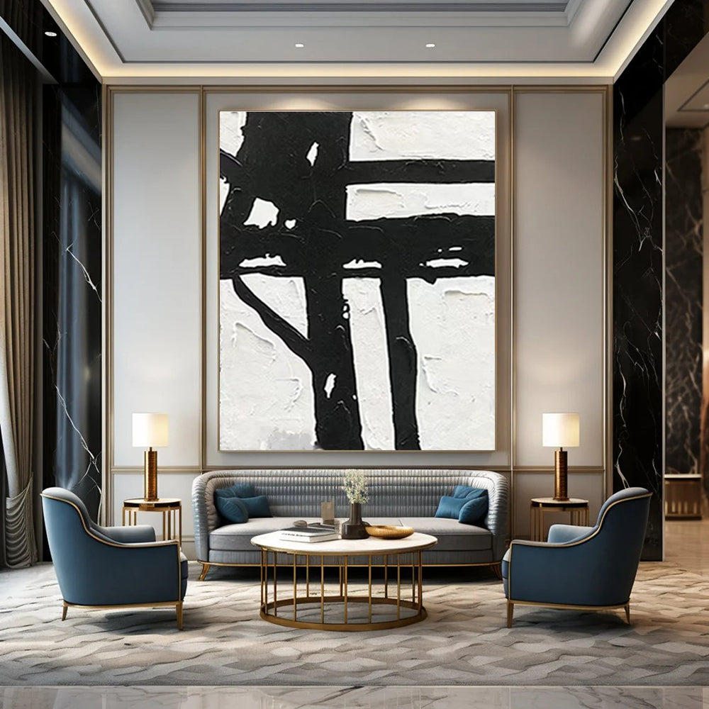 Bold Black and White Abstract Painting with Strong Forms ADGE148