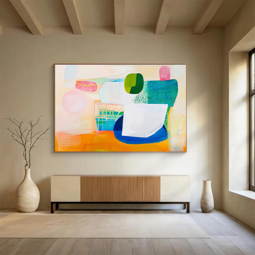 Large abstract painting featuring a white paper bag soft pink and green shapes with blue accents on a warm light orange background.SC518