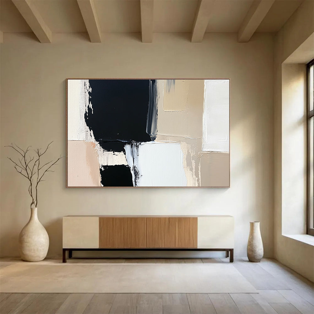 Black Beige and White Abstract Painting with Geometric Shapes DYP174
