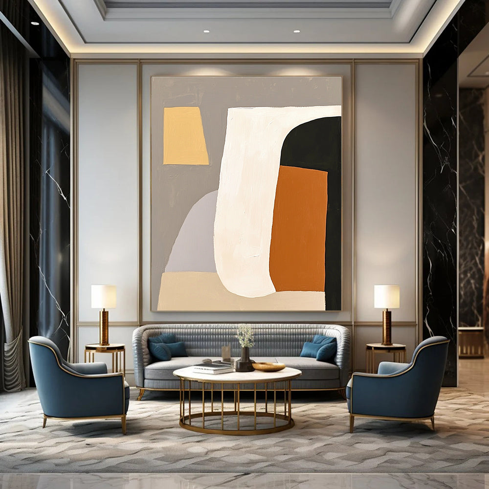 Large abstract painting featuring white shapes with an orange and black form against a grey background embodying minimalism and elegance.STSC628