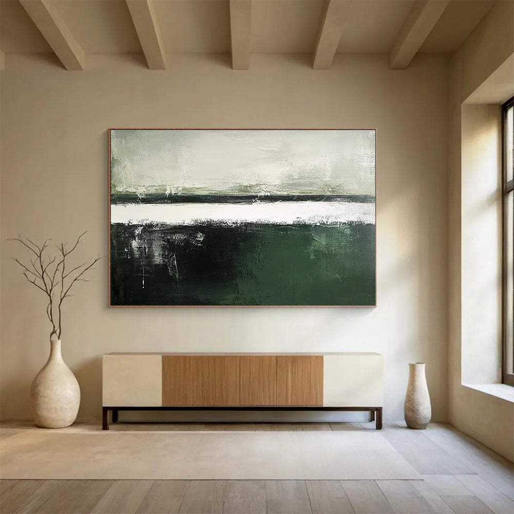 Large abstract painting in dark green and gray tones features a white sky and dark gray sea, showcasing subtle textures in a minimalistic composition.SC054