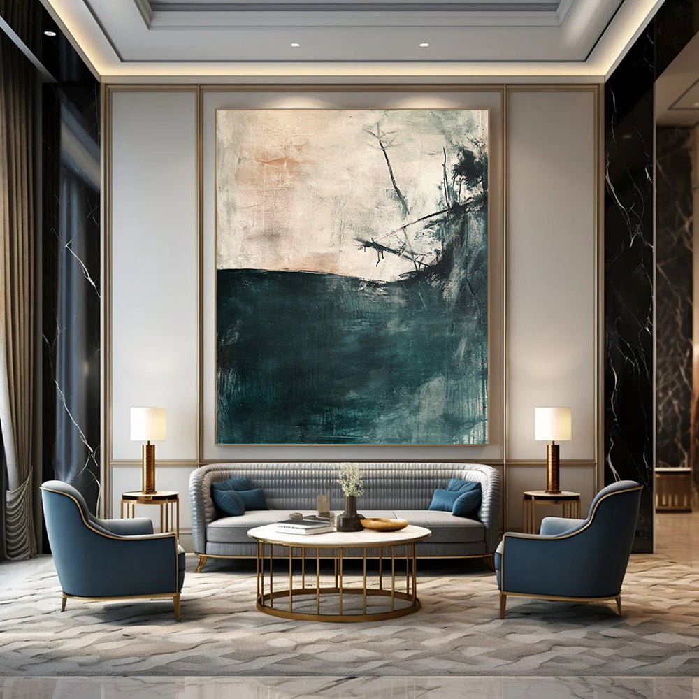 Large abstract painting depicting an underwater scene in soft gray and teal tones with minimalistic loose brushwork and neutral colors.STSC276