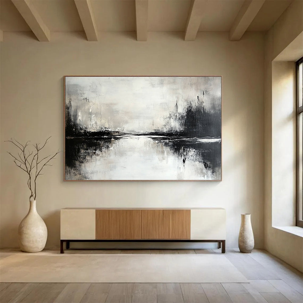 Monochromatic Landscape Abstract Painting with Shades of Gray and Black DYP217