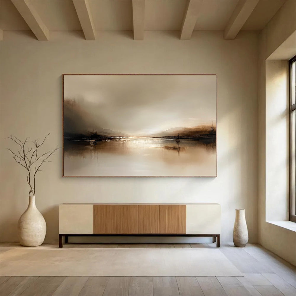 Abstract landscape painting in muted browns and beiges, featuring a tranquil water scene with soft reflections, creating a minimalist and serene atmosphere.SC071