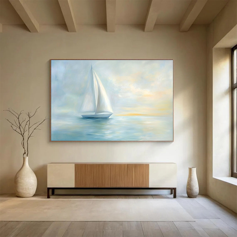 A large abstract painting of serene sea with elegant sailboat and soft pastel colors creating a tranquil Impressionist atmosphere.SC547