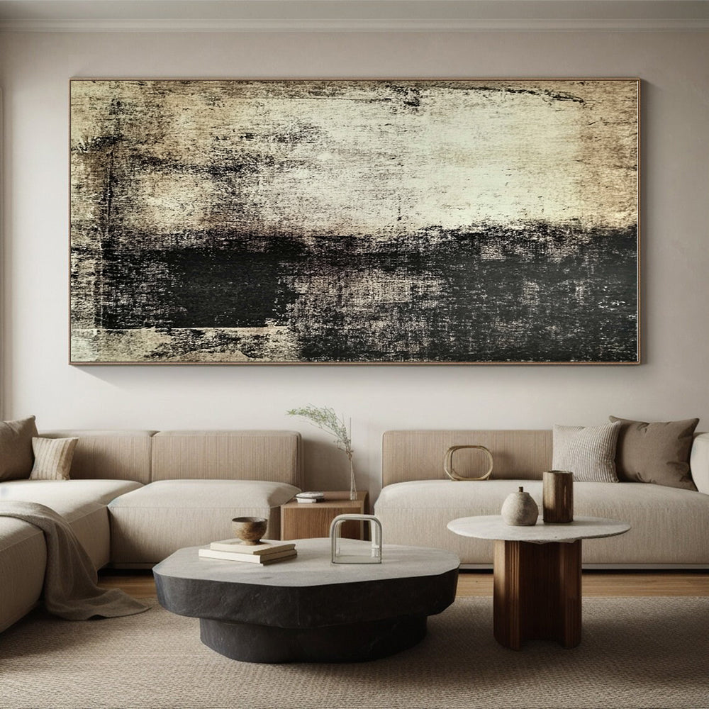 Beige and Black Textured Abstract Painting with Aged Effects GER113