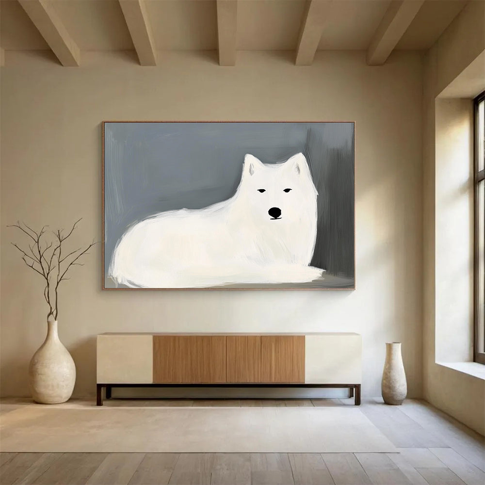 Abstract painting of a white wolf by Maud Lewis featuring simple lines and advanced color matching on a dark gray and light blue background.SC572