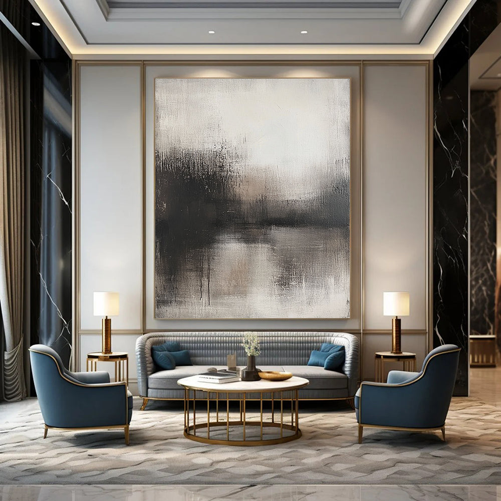 Large abstract painting with faded gray tones minimalist style and a weathered surface in a neutral color palette.STSC085