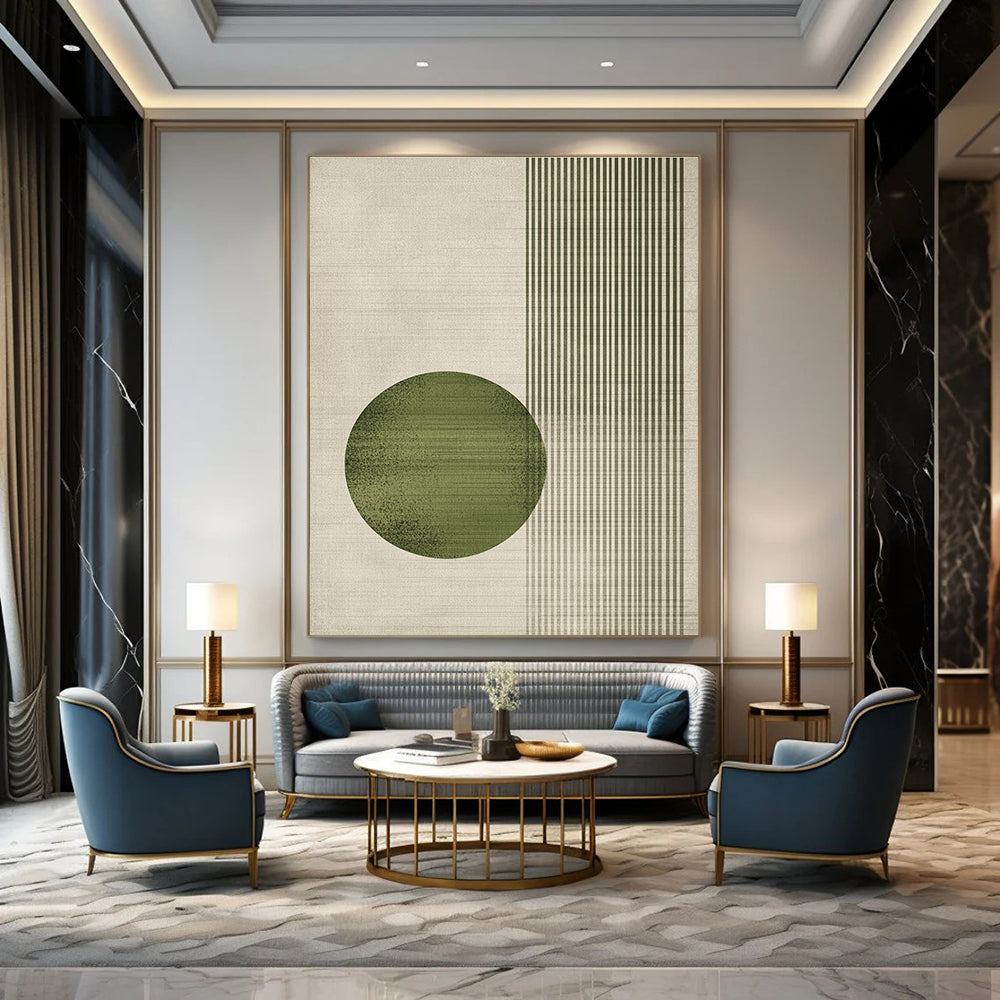 Large abstract painting featuring a round green circle and textured vertical lines in a light gray color scheme with natural earthy tones.STSC1328