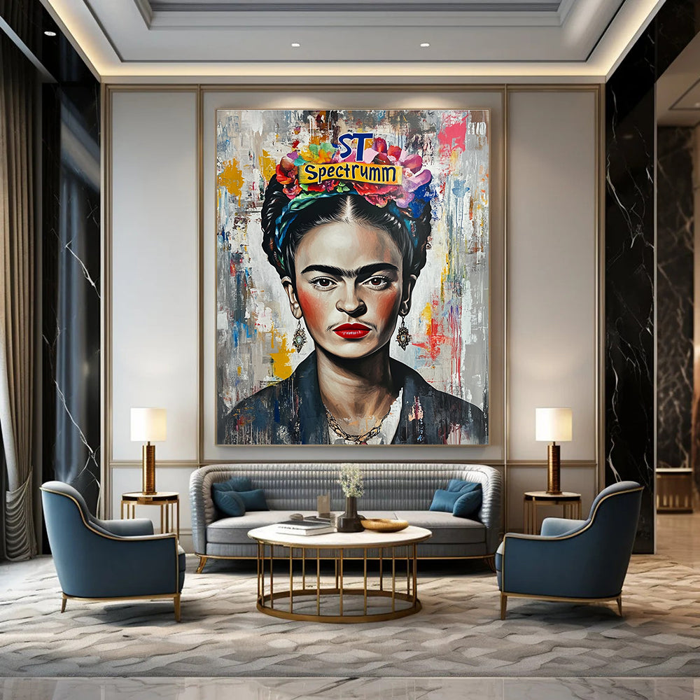 A large abstract painting featuring Frida Kahlo with graffiti-style elements bright colors and intricate details capturing vibrant pop culture inspirations.STSC1128