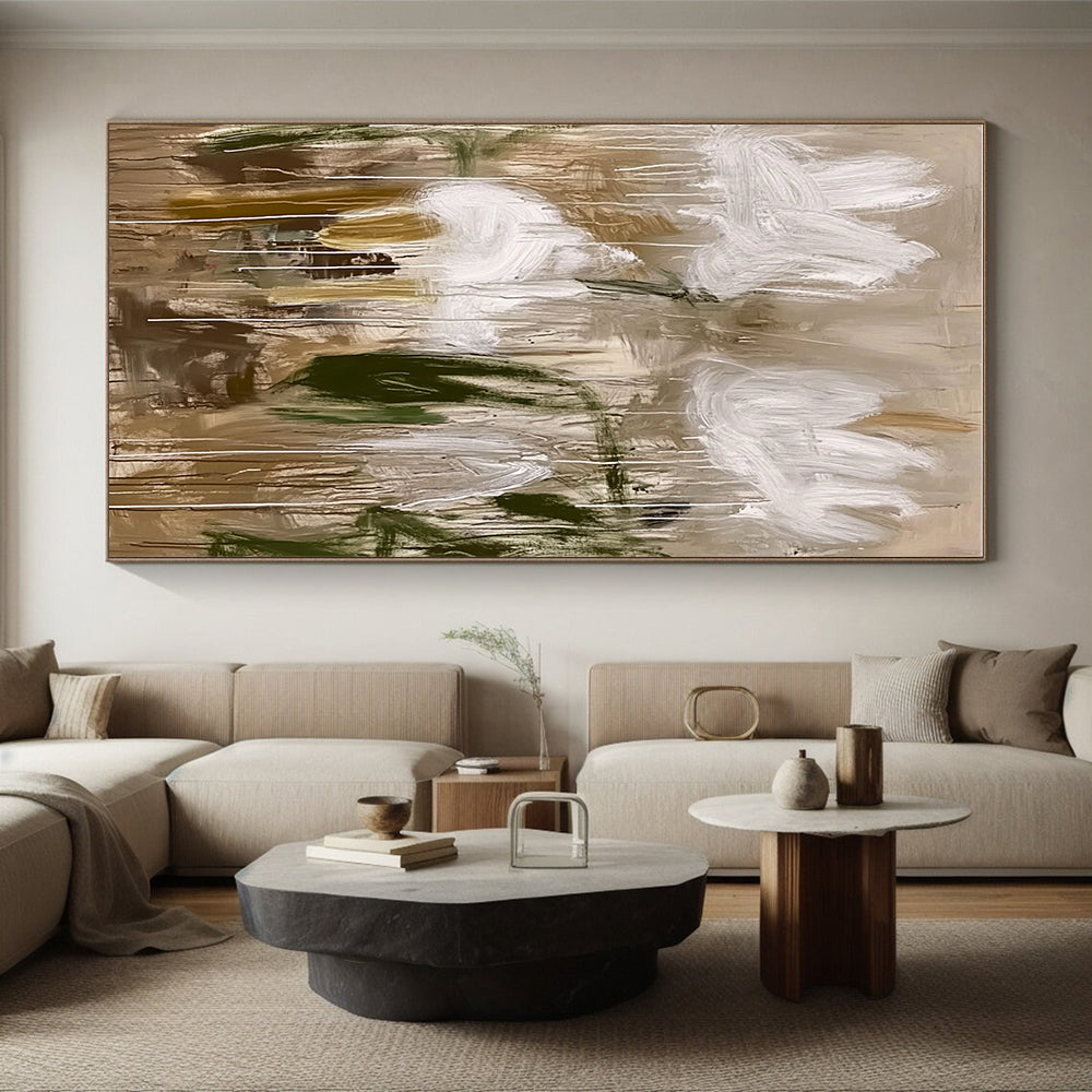 Abstract White Flowers Painting with Earthy Tones GER623