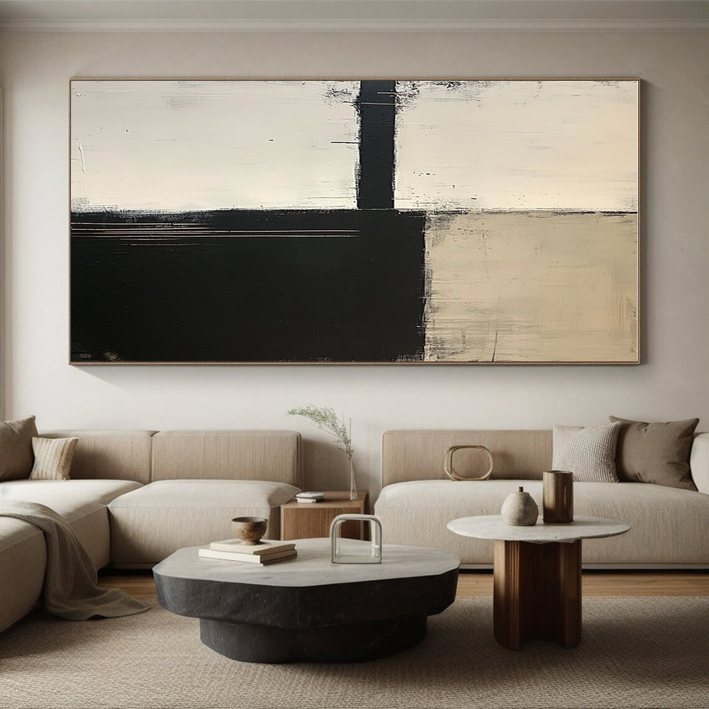 Black and White Minimalist Abstract Painting with Geometric Forms GER650